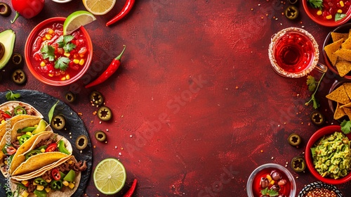 Mexican Cuisine  Vibrant Red Background with Copy Space. Tacos  Salsa  Guacamole  Dips And Vegetables  Cinco de Mayo Festive Food Presentation. Top view. AI Generated