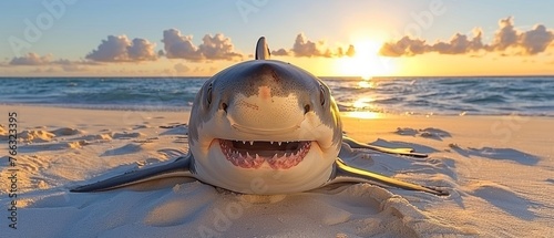 Close-up shot of a plush shark at the seaside, with sunlight behind and ocean ahead photo