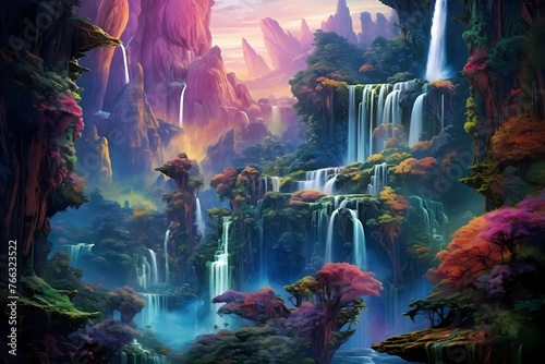 Sparkling waterfalls flowing through a lush mountainous terrain, creating a mesmerizing tapestry of colors