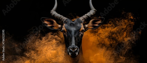  A close-up photo of a bull's head surrounded by thick orange and yellow smoke, with a clear focus on its face and eyes © Wall