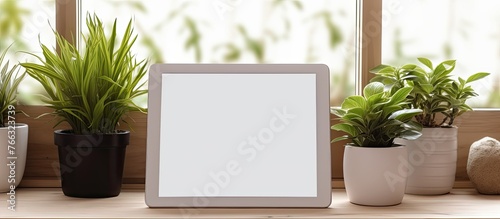 Three green potted plants sit on a sunny window sill next to a digital tablet, bringing a touch of nature indoors