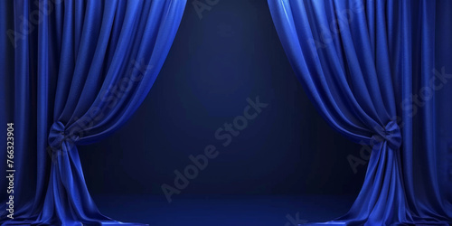 Blue stage curtains. Empty theater stage with blue curtains. Spotlight showtime, copy space, banner