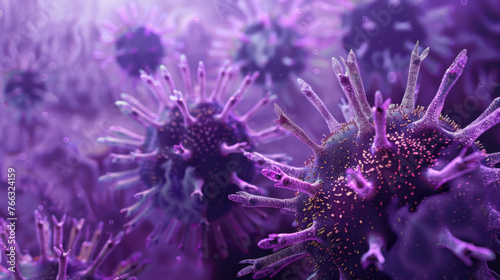 Purple spherical structures representing microscopic pathogens.
