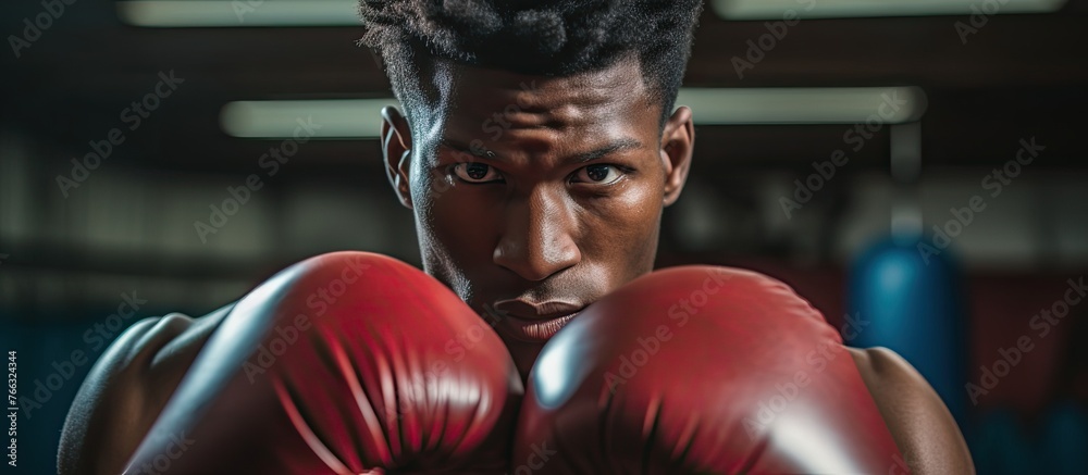 In a gym, a close up of a boxer with a determined facial expression wearing red boxing gloves. The athlete is ready for a competition event, showcasing sports gear and equipment