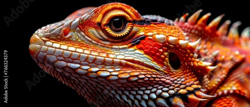  A close-up photo of a lizard's head, featuring orange and yellow stripes on its body against a dark backdrop © Wall