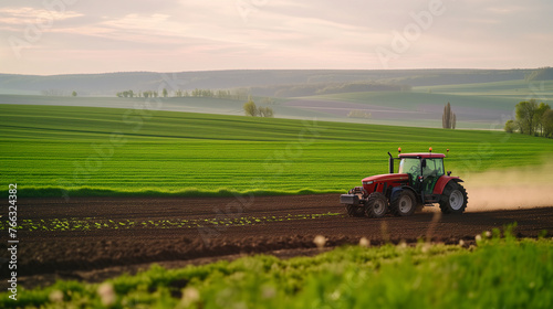 Tractor drives on a green field  plowing the soil  preparing to plant new crops