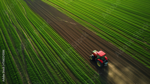 Tractor drives on a green field, plowing the soil, preparing to plant new crops