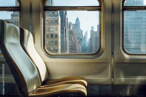 Window seats inside a subway train in New York City. View of New York from overground metro.