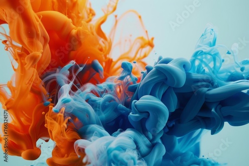 Blue and orange liquid ink churning together, realistic texture 3D illustration