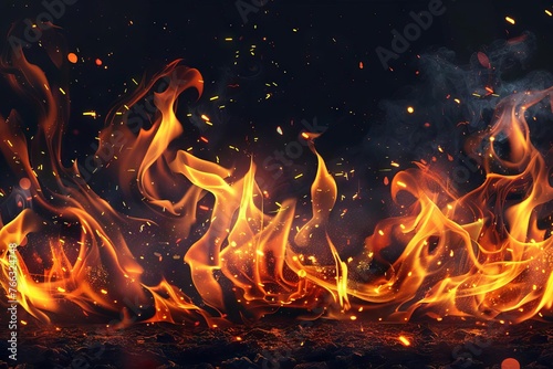 Burning Fires with Flames and Sparks, Transparent Background, Digital Painting