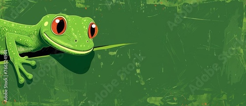  A green frog, with red eyes, sits on a green branch and stares curiously at the camera