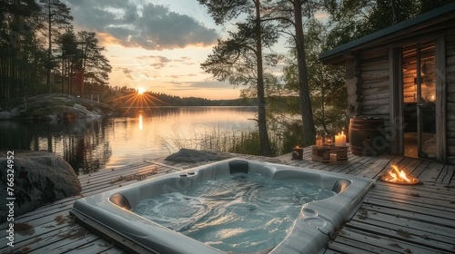 An exclusive outdoor spa with hot tubs, a natural shower, and sauna, located by a lake 