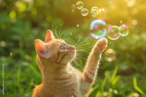 Curious Cat Playing with Bubbles in Sunlit Garden