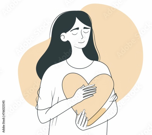 Graphic design of woman holding light beige heart isolated on white background, simple lines, minimalism, modern style, flat illustration
