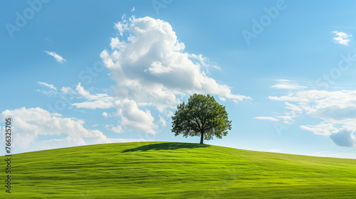 Lone Tree on Vibrant Green Hill Under Blue Sky