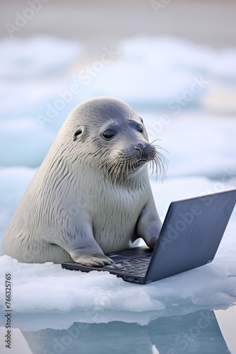 Seal Using Laptop on Iceberg