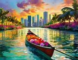 A canoe full of flowers through the Miami river with the Miami's downtown skyline at sunset