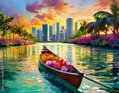 A canoe full of flowers through the Miami river with the Miami's downtown skyline at sunset © Priyanka