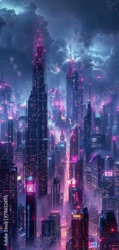 Futuristic Cyberpunk City Skyline with Glowing Neon Lights Generative AI