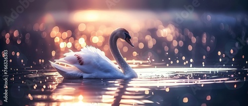  A swan gliding atop water, mirrored by a beam from behind