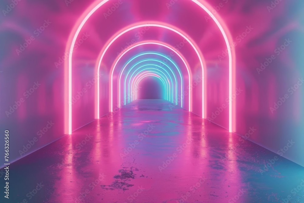 Glowing Neon Lights Ascending in Abstract Pink and Blue Tunnel, 3D Rendering