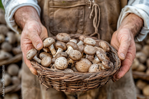Farmer hands holding shiitake mushrooms.
