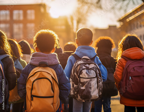 Rear view of a group of diverse and multi-ethnic elementary school students with backpacks walking to school in the morning.