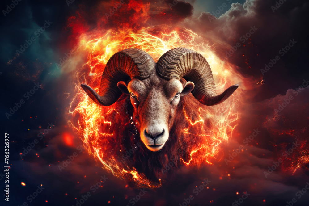 A horned animal with large horns standing proudly in front of a ring of fire A horned animal with large horns standing proudly in front of a ring of fire