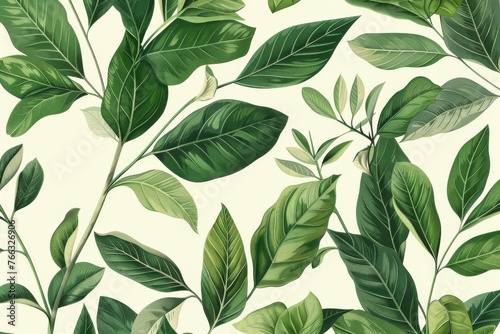 Green Plant and Leaf Pattern, Botanical Pencil Illustration, Vintage Graphic Art