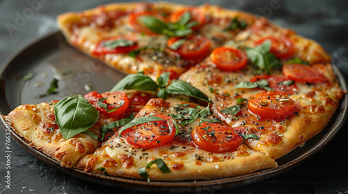 Traditional pizza on dark plate. Topped with basil and tomatoes. On dark surface, studio lighting. Fresh herbs. Tasty food.