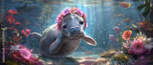  A painting of a baby manta ray with a pink flower in its hair, sitting underwater