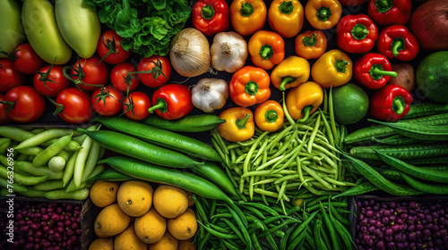 Overhead view of vegetables displayed at market stall
