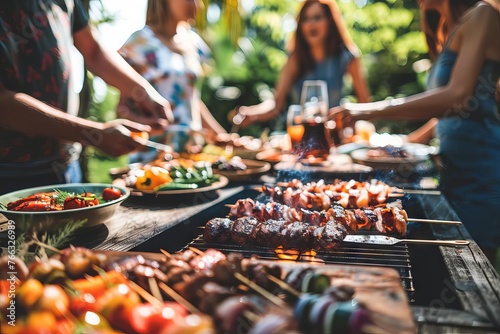 Group of people having barbecue, outdoor summer party and fun concept photo