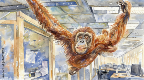 Painting of monkey hanging from a ceiling, showcasing the primates agility and strength in an unusual setting