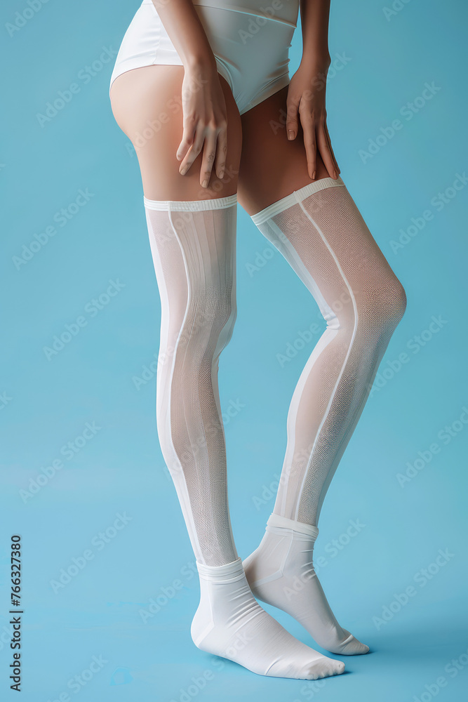 Vibrant Comfort: Legs in Compression Stockings on simple blue background with copy space. Female legs clad in medical compression stockings socks.