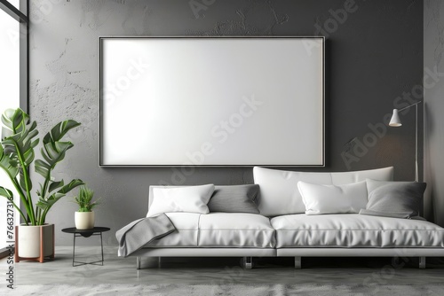 Horizontal frame mock-up in modern symmetric interior, digital illustration