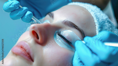 A woman is receiving eyebrow treatment from a dentist in a beauty salon photo