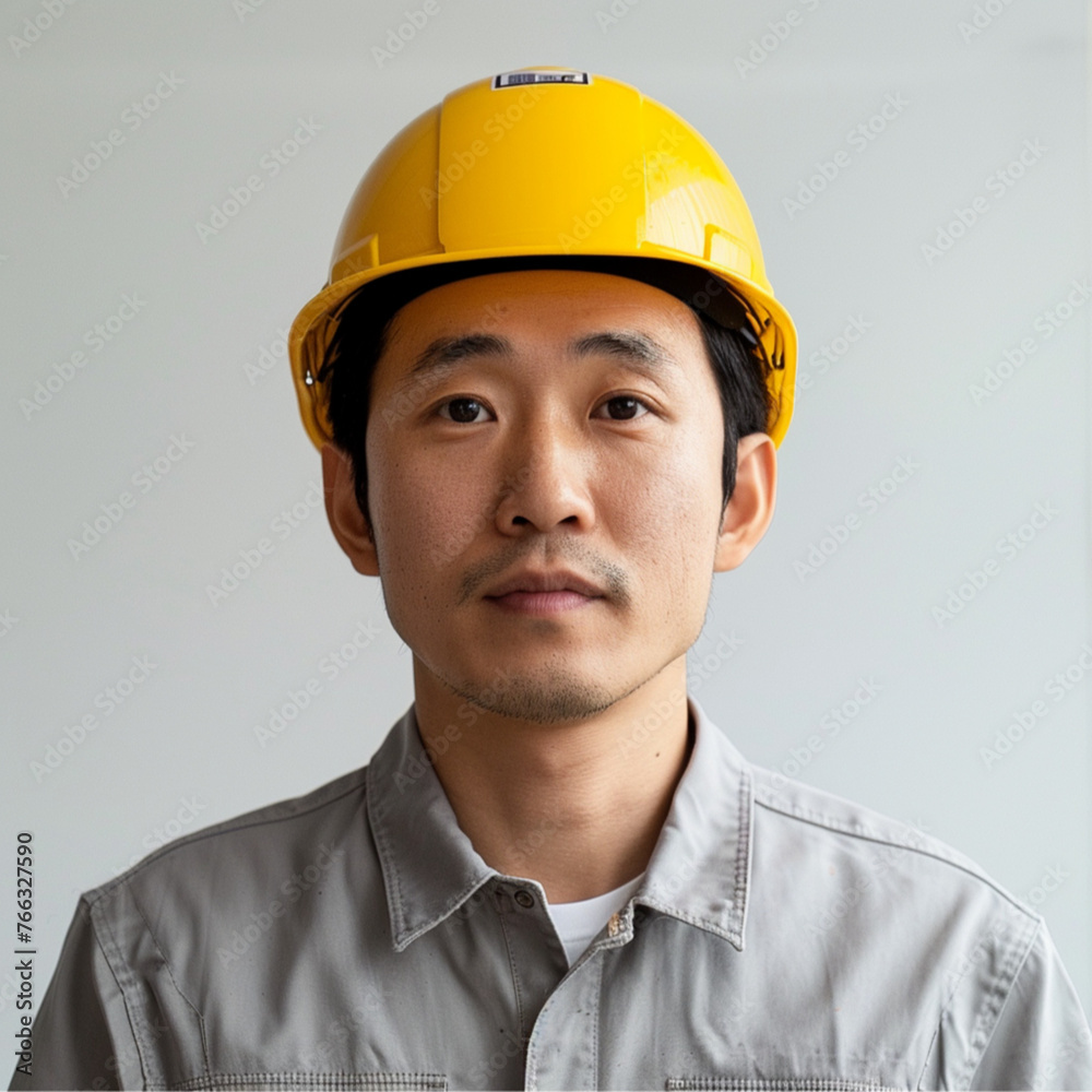 A handsome 27-year-old Japanese man with a clean nose and brown eyebrows, electrician, wearing a yellow electrician's helmet, wearing gray work clothes, his body facing the camera. white background A handsome 27-year-old Japanese man with a clean nose and brown eyebrows, electrician, wearing a yellow electrician's helmet, wearing gray work clothes, his body facing the camera. white background