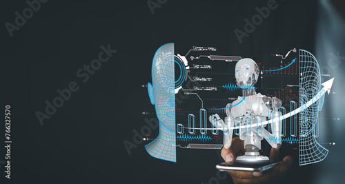Artificial IntelligenceAI, Machine learning,technology, innovation for business,data network concept.,Businessman using smartphone with robot interface vitual screen. photo