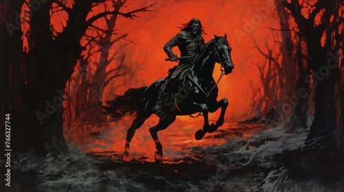 A man riding a black horse through a forest with a red background. Scene is dark and ominous