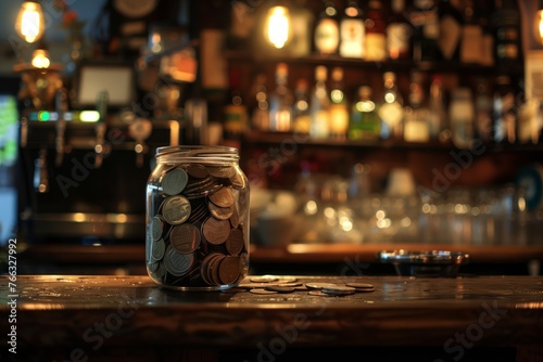 Glass jar for tips with coins and bills standing on the counter at a bar, cafe, or restaurant.  photo