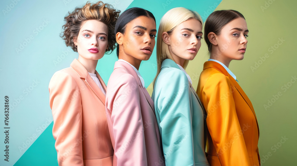 A group of women in business suits standing next to each other at the office A group of women in business suits standing next to each other at the office