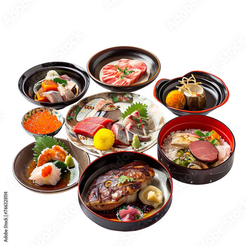 front view of classic Kaiseki multi-course meal presented in beautiful Japanese lacquerware, featuring seasonal dishes like sashimi, grilled fish, isolated on a white transparent background