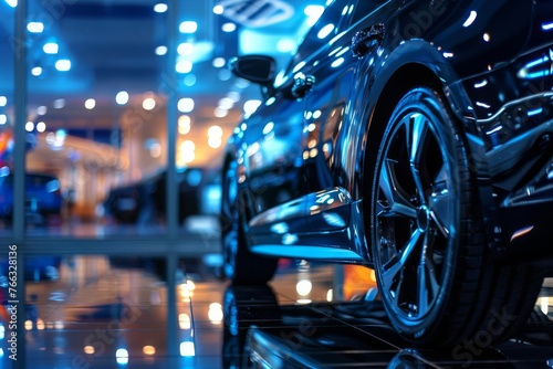 Luxurious new car in dealership at night, modern vehicle with urban reflections and lights photo