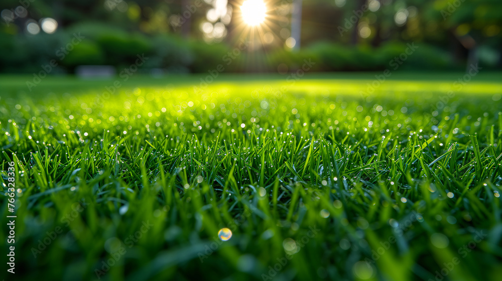 Close-up of lawn grass, lush green grass field
