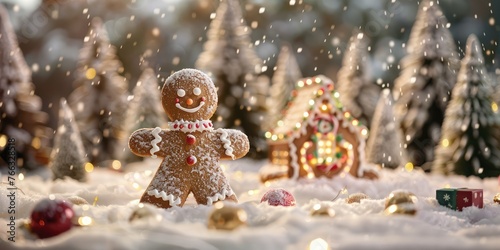 Whimsical Gingerbread Man Holding Heart in Frosty Sunrise Scene © MDRifat