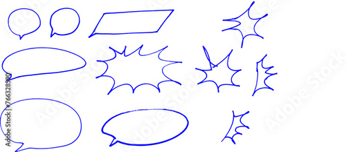 青色 吹き出し　ギザギザ枠　マジックで書いた手描き　セット