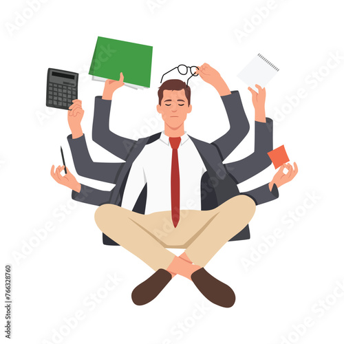 Businessman practicing mindfulness meditation multitasking. Flat vector illustration isolated on white background