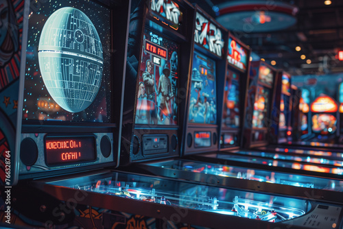 a vibrant pinball machine with sci-fi theming, highlighted by neon lights photo