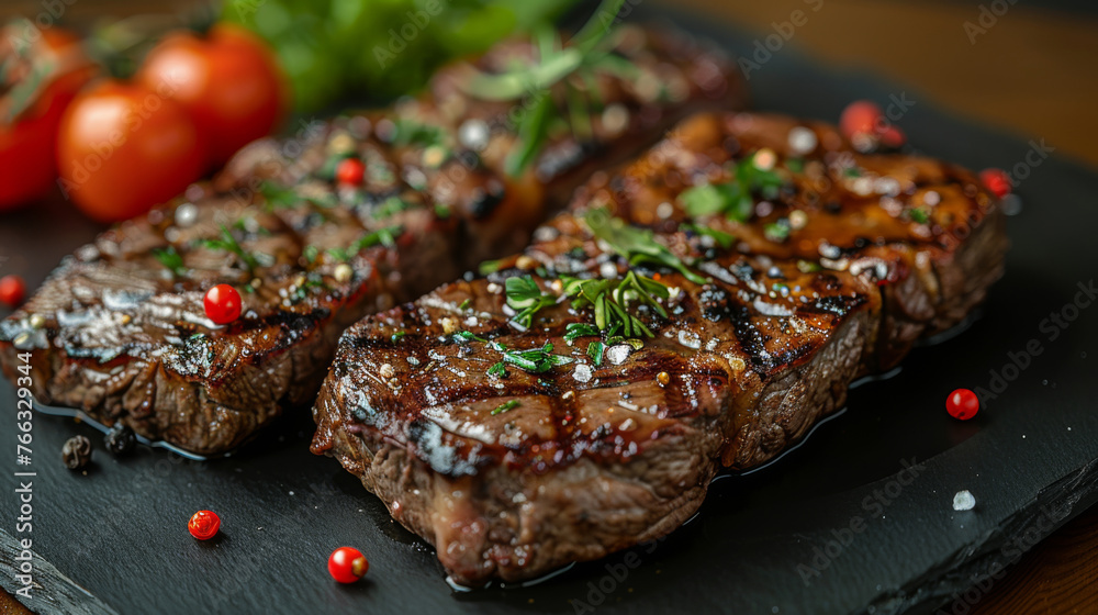 Grilled steak on dark plate. Fresh dashes of pepper and rosemary. On dark surface. Grilled steak on dark plate. Fresh dashes of pepper and rosemary. On dark surface.